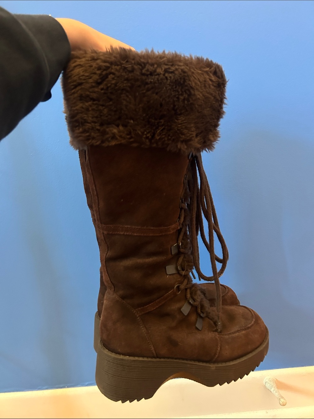 y2k brown furry platform boots